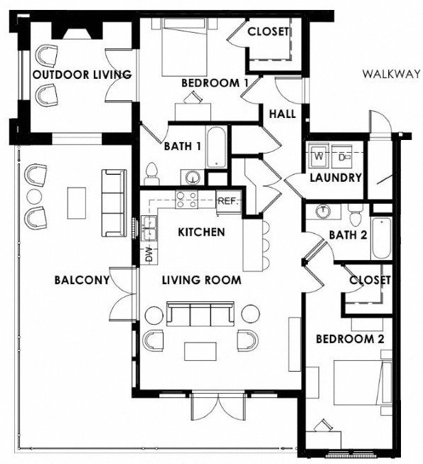2BR2BA floor plan deluxe Deluxe floor plan for The Balcony apartments in Tuscaloosa, AL featuring a large wraparound balcony.